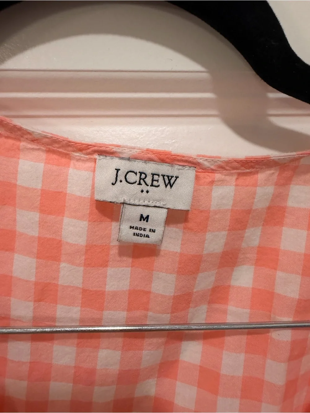 J. Crew Coral and White Gingham V-Neck Smocked Shoulder Top